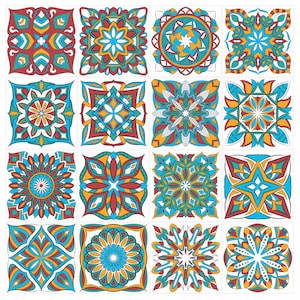 May include: A set of 16 colourful square tiles with intricate geometric patterns in shades of red, blue, yellow, and white. The tiles feature a variety of floral and star-shaped designs.