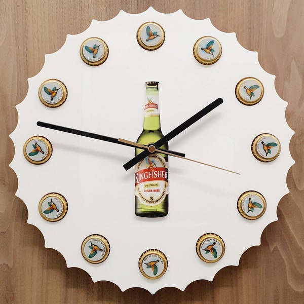Clock In Shape of Bottle Top, With Genuine Undamaged Kingfisher Indian Beer Taste Of India Bottle Tops As Hours, 200mm or 300mm in Size