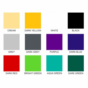 May include: A colour chart with 12 different colours, including cream, dark yellow, white, black, grey, dark grey, purple, dark blue, dark red, bright green, aqua green, and dark green.