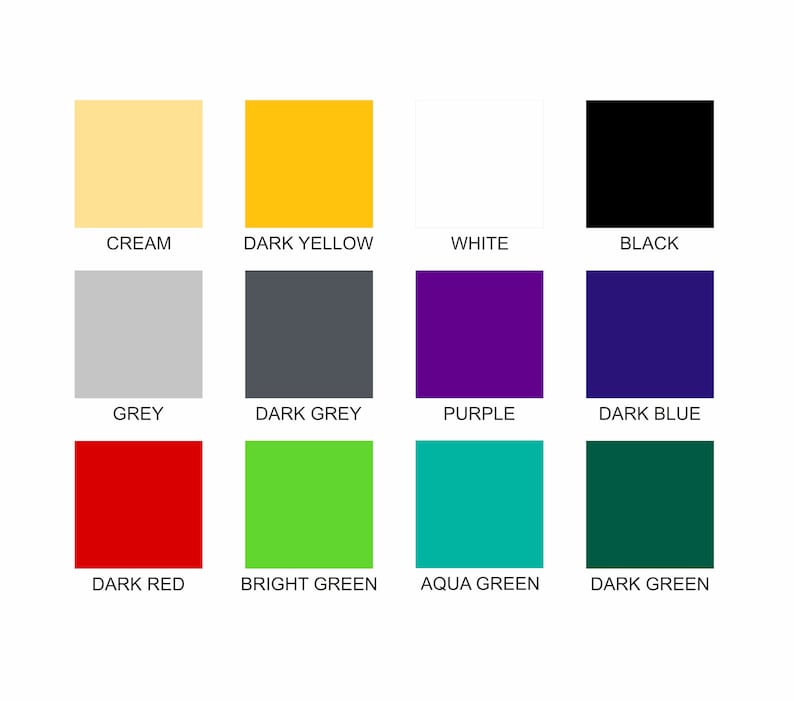 May include: A colour chart with 12 different colours, including cream, dark yellow, white, black, grey, dark grey, purple, dark blue, dark red, bright green, aqua green, and dark green.