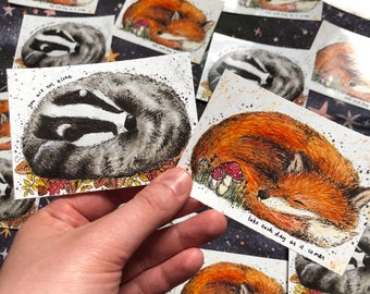 Sleepy Fox and Badger Vinyl Stickers - Professionally Printed - British Wildlife, Nature, Watercolours, Mental Health, Positivity