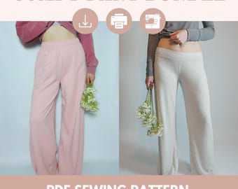 Wide Leg Lounge Pants Sewing Pattern | Easy Sweatpants with Pockets | Beginner PDF Pattern | Womens High Rise Elastic Waist Pants