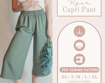 Women’s Linen Wide Leg Pants Sewing Pattern – Easy Beginner PDF, Elastic Waist Culottes, Comfy Linen Lounge Pants Pattern