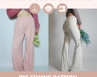 Wide Leg Lounge Pants Sewing Pattern | Easy Sweatpants with Pockets | Beginner PDF Pattern | Womens Low Rise Yoga Pants Pattern