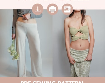 Low rise pants Pattern and Tube top Pattern Bundle | Size XS-XL | Digital PDF sewing pattern | flare pants pattern | twist front top