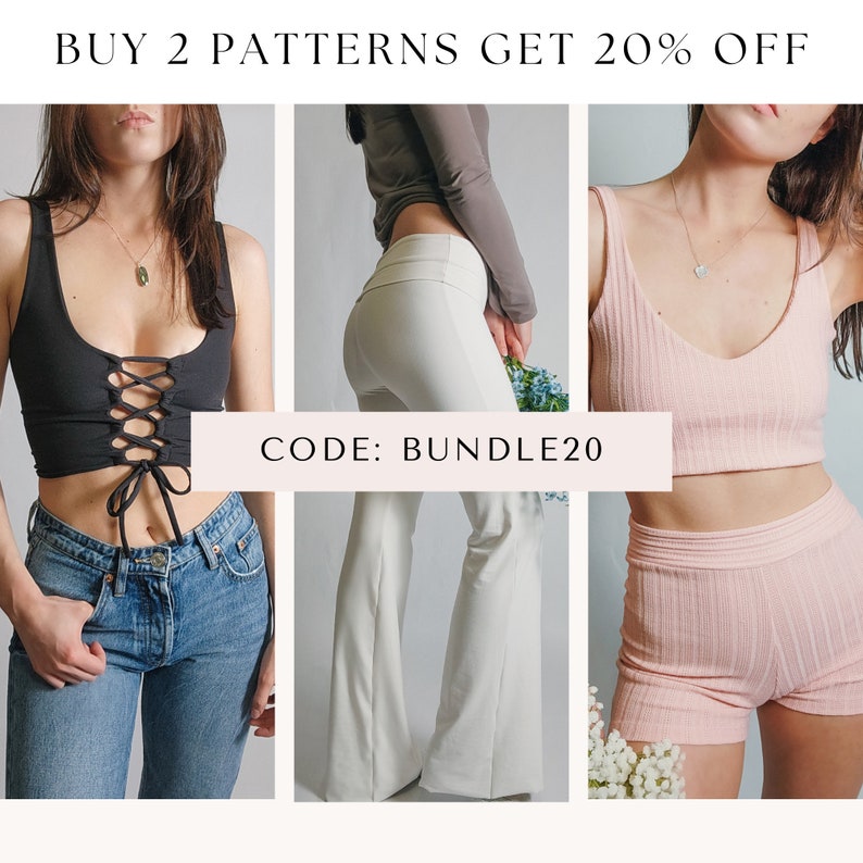 K&ouml;nnte beinhalten: Drei Bilder, die verschiedene Kleidungsmuster zeigen. Das erste Bild zeigt ein schwarzes Crop-Top mit Schn&uuml;rung vorne, kombiniert mit einer blauen Jeans. Das zweite Bild zeigt eine wei&szlig;e Schlaghose. Das dritte Bild zeigt ein rosa Crop-Top und passende Shorts. Der Text auf dem Bild lautet "KAUFE 2 MUSTER UND ERHALTE 20% RABATT CODE: BUNDLE20".
