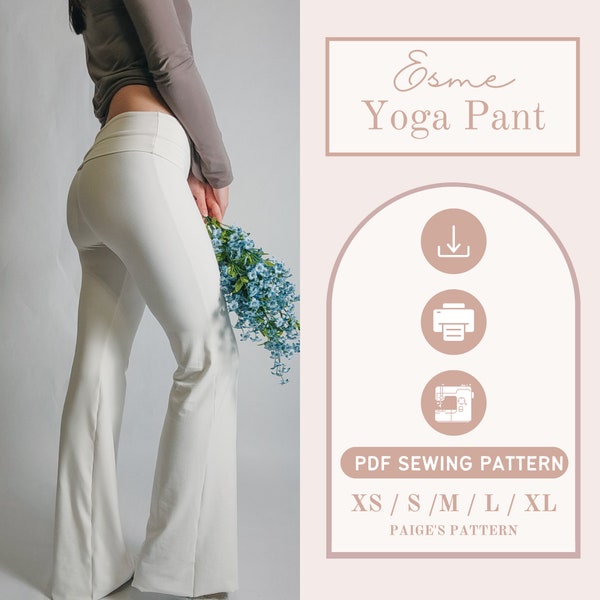 Patron de pantalons de yoga taille basse | Patron de couture numérique PDF | Modèle de pantalon évasé | modèle de leggings | rabattre la taille | couture pour débutants