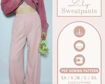 Wide Leg Lounge Pants Sewing Pattern | Easy Sweatpants with Pockets | Beginner PDF Pattern | Womens High Rise Elastic Waist Pants