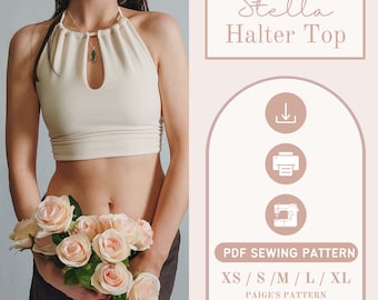 Modello Halter Top / Modello di cucito PDF digitale / Modello di parte superiore corta / Modello di parte superiore con buco della serratura / Modello di parte superiore senza schienale / Modello di cucitura superiore con laccetti
