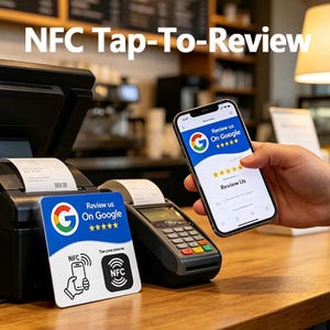 Peut inclure: Un panneau NFC carré affichant le logo Google, cinq étoiles jaunes et le texte "Review us On Google" avec une icône montrant un smartphone tapant sur un symbole NFC. Un smartphone affiche la même interface d'avis Google sur son écran.