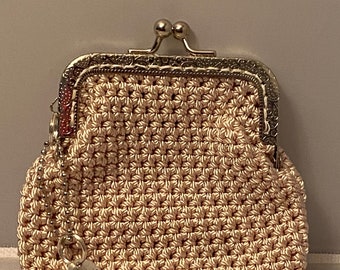 Kiss Lock Natural Ecru Handmade Crochet Pouch with Silver Tone Metal Hardware