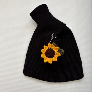 Japanese Knot Bag with Sunflower Purse Charm Handmade Crochet Black