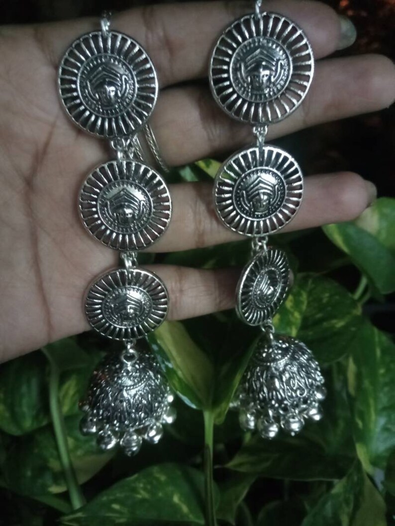 Oxidised Silver Indian Dangler Jhumka Mantra Earrings in German Silver Durga Jhumki Statement Earrings