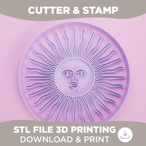 Puede incluir: Un cortador y sello en forma de sol lila. El sol tiene una cara en el centro con líneas radiantes. El texto "CUTTER & STAMP" está en la parte superior y "STL FILE 3D PRINTING DOWNLOAD & PRINT" en la parte inferior.