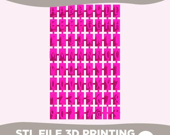May include: A bright pink 3D printing template featuring a grid of uppercase letters from A to Z, numbers 0 through 9, and symbols including #, @, and a heart. The text ALPHABET is at the top, and STL FILE 3D PRINTING DOWNLOAD & PRINT is at the bottom.