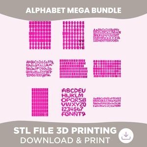 Pode incluir: Um conjunto de arquivos digitais Alphabet Mega Bundle para impressão 3D, apresentando vários estilos de tipografia de letras e números em rosa dispostos em grades. O texto ALPHABET MEGA BUNDLE e STL FILE 3D PRINTING DOWNLOAD & PRINT é visível.