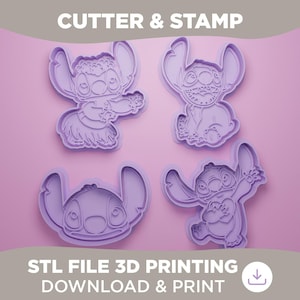 May include: Four purple cookie cutters in the shape of the character Stitch from the animated film. The cutters are in different poses, with the text "CUTTER & STAMP" and "STL FILE 3D PRINTING DOWNLOAD & PRINT" at the top and bottom.