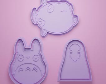 Set de cortadores y sellos STL de Criaturas Encantadas de Studio Ghibli: Mini Totoro, Sin Cara y Ponyo Fish. Descargas para manualidades de galletas, arcilla y fondant.