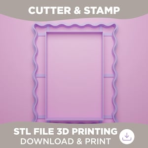 May include: A light purple rectangular cutter and stamp with a wavy border. The text "CUTTER & STAMP" is at the top, and "STL FILE 3D PRINTING DOWNLOAD & PRINT" is at the bottom.