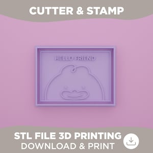 Może przedstawiać: Jasnofioletowy zestaw wykrawacza i stempla z napisem "HELLO FRIEND" i twarzą postaci z kreskówki. Obraz zawiera również tekst "STL FILE 3D PRINTING DOWNLOAD & PRINT".