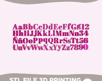 May include: A digital graphic displaying the word ALPHABET at the top, followed by a complete set of uppercase and lowercase letters from A to Z, including the letter Ñ, and the numbers 0 through 9 in a bold, dark pink, 3D-style font.