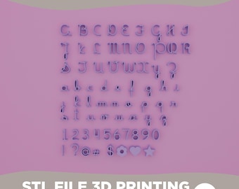 May include: A lilac-colored 3D-printed alphabet set, including uppercase and lowercase letters, numbers, and symbols. The word "ALPHABET" is at the top. The text "STL FILE 3D PRINTING DOWNLOAD & PRINT" is at the bottom.
