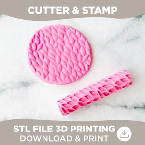 May include: A pink 3D printed rolling pin and a round cutter with a knitted pattern. STL file 3D printing download and print.