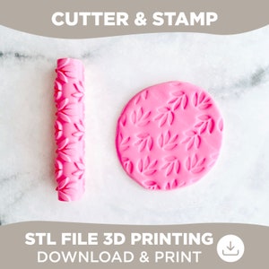 Puede incluir: Rodillo y sello 3D impresos en rosa con un patrón de hojas. Archivo STL para impresión 3D. Descarga e imprime.