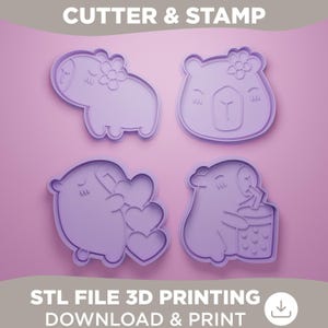 Capybara Cutter and Stamp Set STL – 4 Cute Capybara Designs for Kids Baking, Clay, Fondant, DIY Crafts, Party Decor – Download File