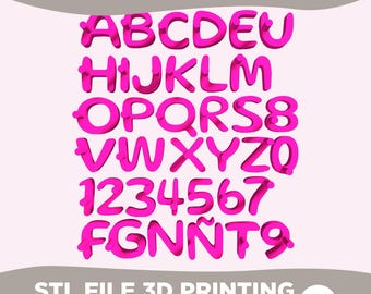 May include: A digital graphic displaying the word ALPHABET at the top and STL FILE 3D PRINTING DOWNLOAD & PRINT at the bottom. The center features a set of bright pink, three-dimensional letters from A to Z, numbers 0 to 9, and the character Ñ.
