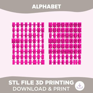 May include: A set of bright pink 3D printable alphabet characters, including lowercase and uppercase letters, numbers, and symbols arranged in a grid. The text ALPHABET, STL FILE 3D PRINTING, and DOWNLOAD & PRINT are visible on the light background.