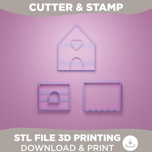 May include: Three light purple cookie cutters and stamps on a pink background. The cutters include a house shape with a heart, a rectangular shape with an arched doorway, and a rectangular shape with a scalloped edge. The text "CUTTER & STAMP" and "STL FILE 3D PRINTING DOWNLOAD & PRINT" are at the top and bottom.