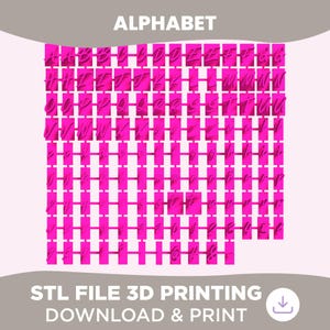 Pode incluir: Uma exibição digital de um conjunto completo de alfabeto em uma cor rosa vibrante, com letras maiúsculas e minúsculas, números e símbolos dispostos em uma grade, destinado à impressão 3D como um arquivo STL para download.