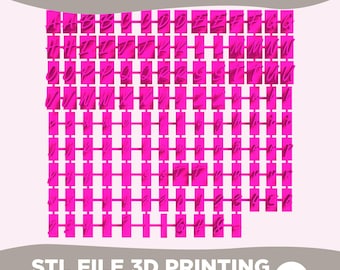May include: A digital display of a complete alphabet set in a vibrant hot pink color, featuring both uppercase and lowercase letters, numbers, and symbols arranged in a grid pattern, intended for 3D printing as an STL file download.