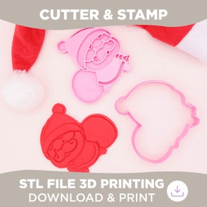 Op de afbeelding: Een set van twee 3D-geprinte koekjesvormen, een rode en een roze, in de vorm van Sinterklaas. De vormen zijn ontworpen voor gebruik met fondant of koekdeeg. STL FILE 3D PRINTING DOWNLOAD & PRINT.