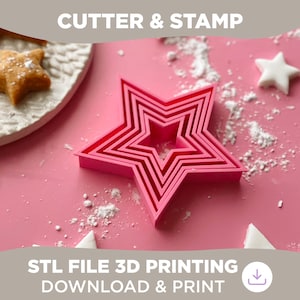 May include: A set of five pink star-shaped cookie cutters, nested together on a pink surface. The cutters are made for 3D printing and are available for download. The text "STL FILE 3D PRINTING DOWNLOAD & PRINT" is displayed below the cutters.
