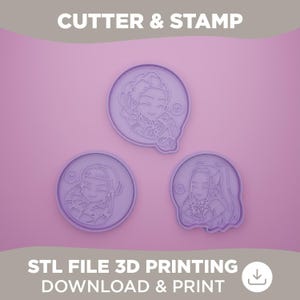 Könnte beinhalten: Drei lila Ausstecher und Stempel mit Anime-Charakterdesigns. Der obere Teil des Bildes zeigt "CUTTER & STAMP" in weißem Text. Der untere Teil des Bildes zeigt "STL FILE 3D PRINTING DOWNLOAD & PRINT".