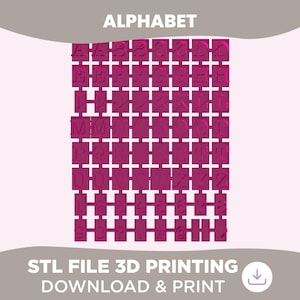 Pode incluir: Um modelo de impressão 3D magenta apresentando uma grade de letras maiúsculas de A a Z, números de 0 a 9 e símbolos incluindo ponto de interrogação, exclamação, cerquilha, arroba e barra, rotulado ALPHABET STL FILE 3D PRINTING.