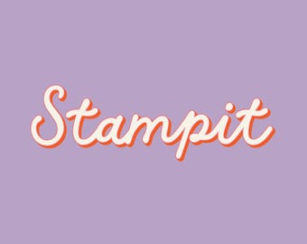 May include: The word "Stampit" in a cursive font, with a white outline and orange shadow, is centered on a lilac background. The design has a retro, vintage aesthetic.