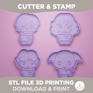 Könnte beinhalten: Vier lila Ausstecher und Stempel mit Cartoon-Charakter-Designs. Die Ausstecher zeigen einen Jungen mit Brille, ein Mädchen mit lockigem Haar, einen weiteren Jungen und eine Kreatur mit großen Ohren. Der Text "CUTTER & STAMP" und "STL FILE 3D PRINTING DOWNLOAD & PRINT" ist ebenfalls sichtbar.