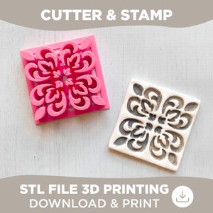May include: A pink 3D printed cutter and a white tile with a gray design. The cutter and tile both feature a symmetrical floral pattern. The image includes the text "CUTTER & STAMP" and "STL FILE 3D PRINTING DOWNLOAD & PRINT".