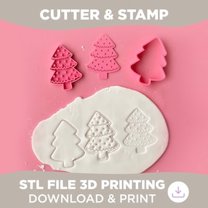 Puede incluir: Tres cortadores de galletas y sellos de plástico rosa en forma de árbol de Navidad. Los cortadores y sellos están sobre una superficie rosa con plastilina blanca. El texto "CUTTER & STAMP" está en la parte superior de la imagen. El texto "STL FILE 3D PRINTING DOWNLOAD & PRINT" está en la parte inferior de la imagen.