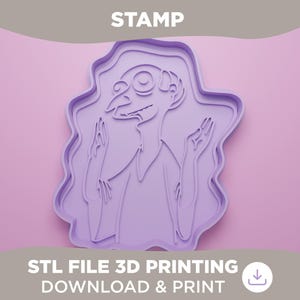 May include: A light purple stamp with a cartoon character design. The stamp features a character with large eyes, a long nose, and outstretched hands. The word "STAMP" is at the top, and the text "STL FILE 3D PRINTING DOWNLOAD & PRINT" is at the bottom.