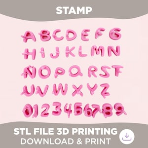 May include: Pink plastic alphabet and number stamps for 3D printing. The image shows the letters A through Z and the numbers 0 through 9. The text "STAMP" is at the top of the image. The text "STL FILE 3D PRINTING DOWNLOAD & PRINT" is at the bottom of the image.