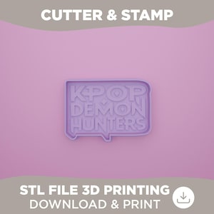 Op de afbeelding: Een lavendelkleurige koekjessnijder en stempel met de tekst "KPOP DEMON HUNTERS" in een tekstballon. De afbeelding bevat ook de tekst "CUTTER & STAMP" en "STL FILE 3D PRINTING DOWNLOAD & PRINT".