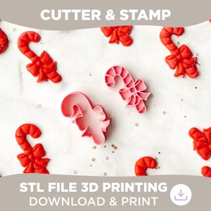 Könnte beinhalten: Ein Set aus zwei 3D-druckbaren Plätzchenausstechern und Stempeln in Form von Zuckerstangen. Die Ausstecher sind rosa und die Stempel sind rot. Das Bild enthält den Text "CUTTER & STAMP" und "STL FILE 3D PRINTING DOWNLOAD & PRINT".