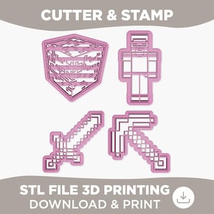 Può includere: Taglierini e timbri per stampa 3D rosa raffiguranti un cubo, un personaggio, una spada e un piccone. Il testo "CUTTER & STAMP" e "STL FILE 3D PRINTING DOWNLOAD & PRINT" è visualizzato in bianco.