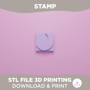 May include: A lavender stamp with a crescent design on a square base. The word "STAMP" is at the top, and the text "STL FILE 3D PRINTING DOWNLOAD & PRINT" is at the bottom. The background is a solid light purple.