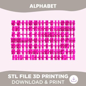 Pode incluir: Um modelo de impressão 3D rosa brilhante apresentando um alfabeto completo em letra cursiva maiúscula e minúscula, juntamente com números, símbolos e um e comercial. Cada caractere está fixado em uma base retangular, organizado em uma grade.