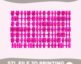 May include: A bright pink 3D printing template featuring a complete alphabet in uppercase and lowercase cursive script, along with numbers, symbols, and an ampersand. Each character is attached to a rectangular base, organized in a grid layout.